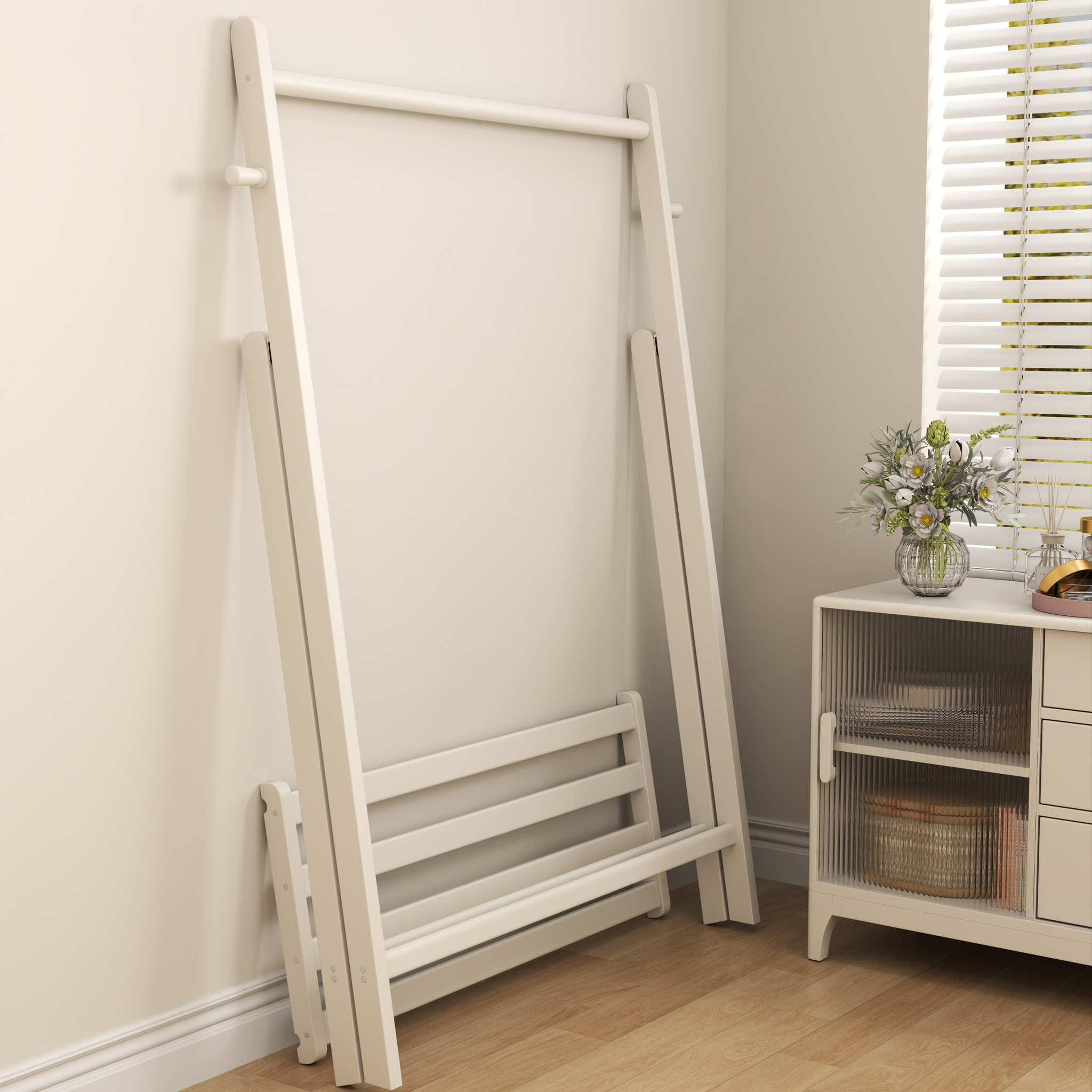 Solid Wood Rolling Clothes Rack with Shelves