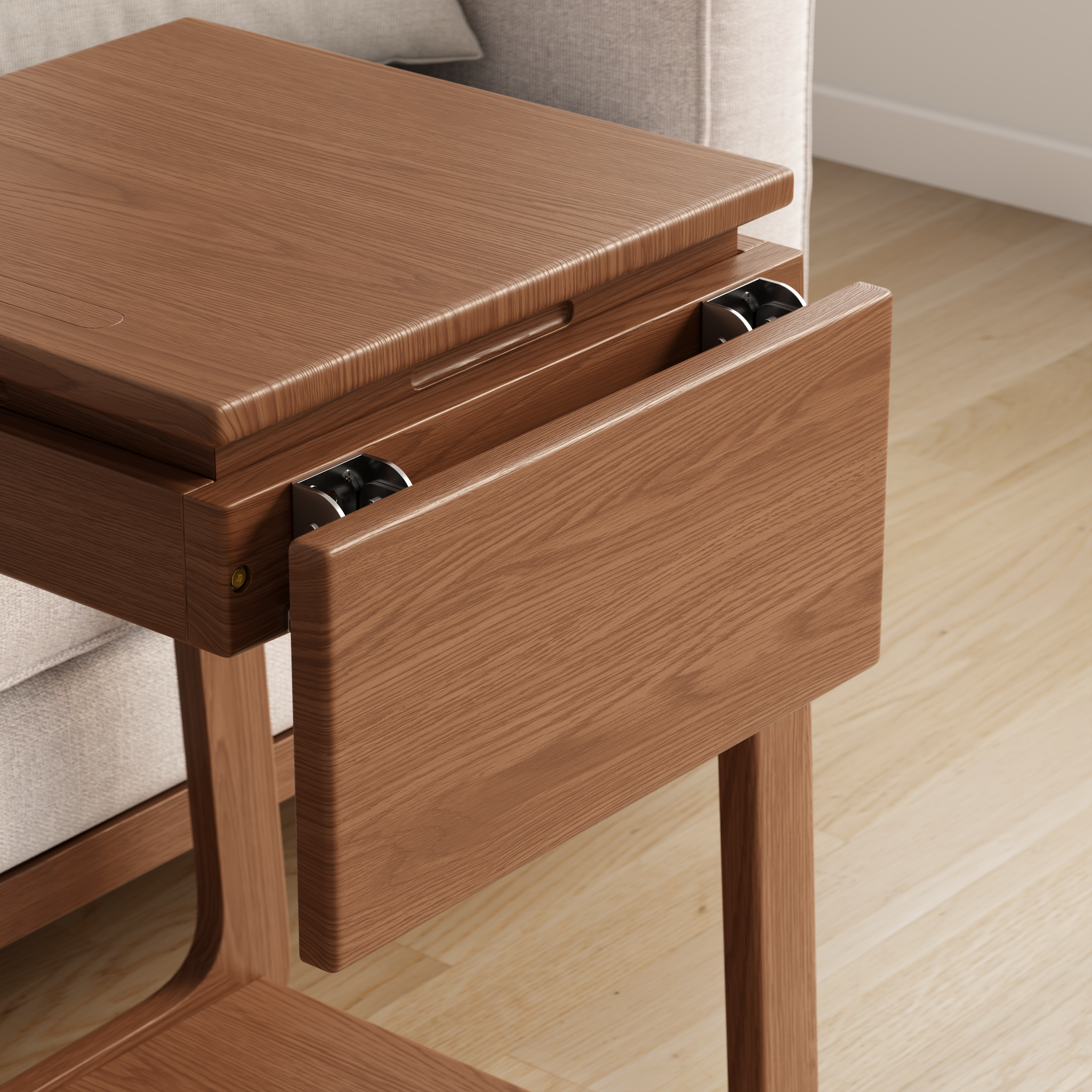 Solid Wood C-Shaped Rolling Side Table – Adjustable with Storage & Folding Shelf