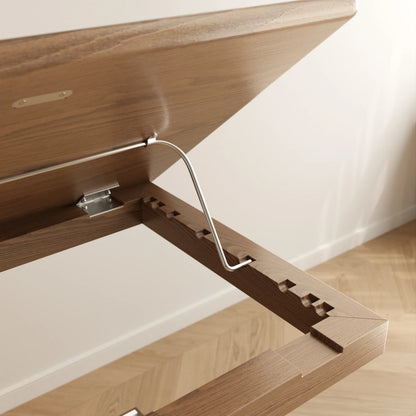 Walnut overbed table beside a sofa