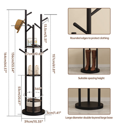 KungFuWood KASLANDI Coat Rack, Solid Wood Rotary Coat Rack Stand, Freestanding Coat Rack with 3 Shelves and 9 Hooks, Sturdy and Easy to Assemble Coat Tree for Entryway, Bedroom, Coats, Bags