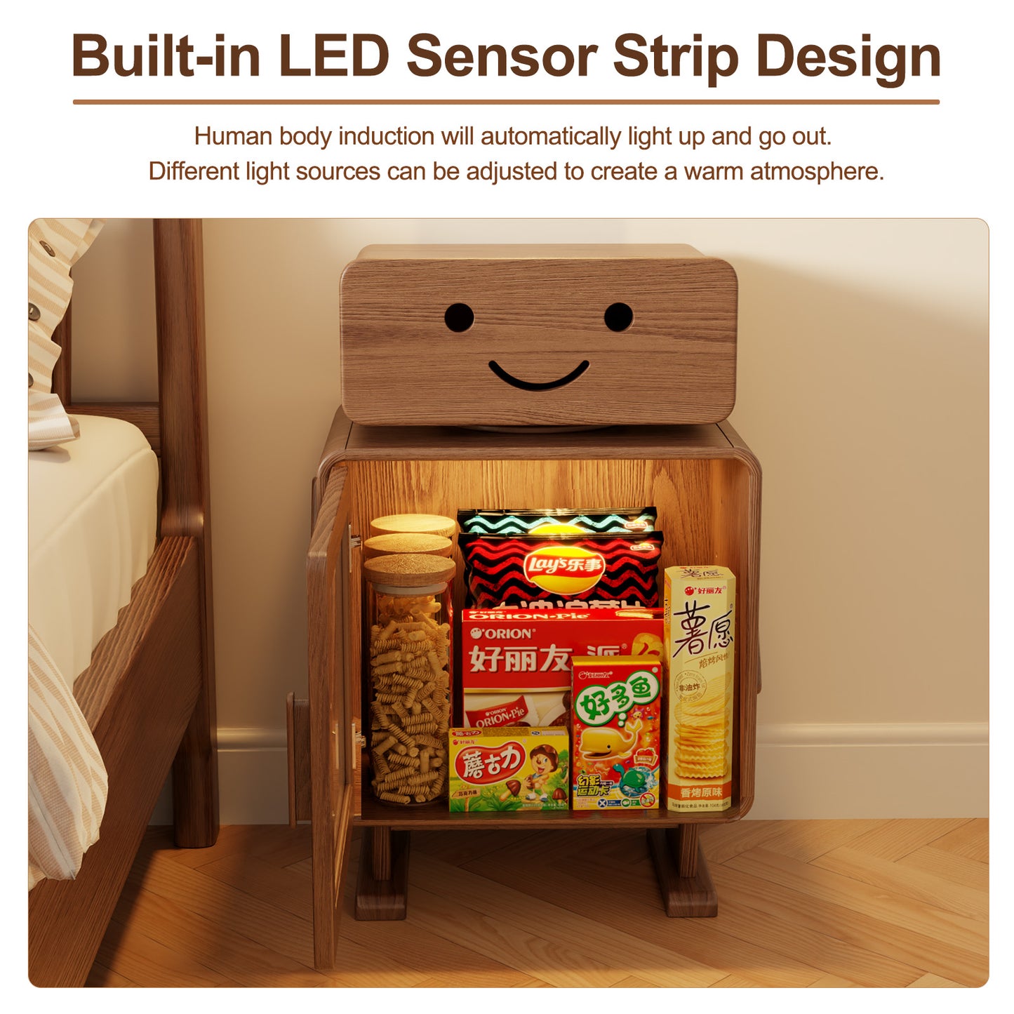 Robot Solid Wood Nightstand, Led Nightstand with 360°Rotating Drawer, Creative Nightstand with Drawers, Easily Assembly,Bedside Table for Bedroom,Living Room