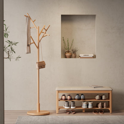 Solid Wood Freestanding Coat Rack with 12 Hooks and 3 Adjustable Heights