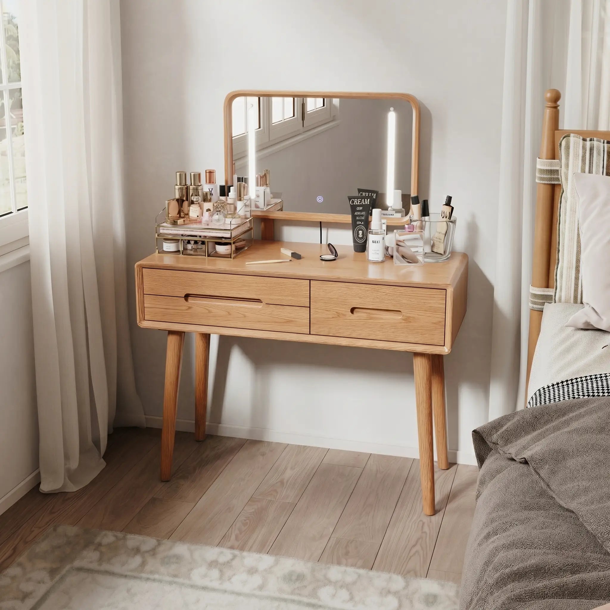 Solid Wood Vanity Desk with Detachable Lighted Mirror | Converts to Writing Desk - iKaslandi