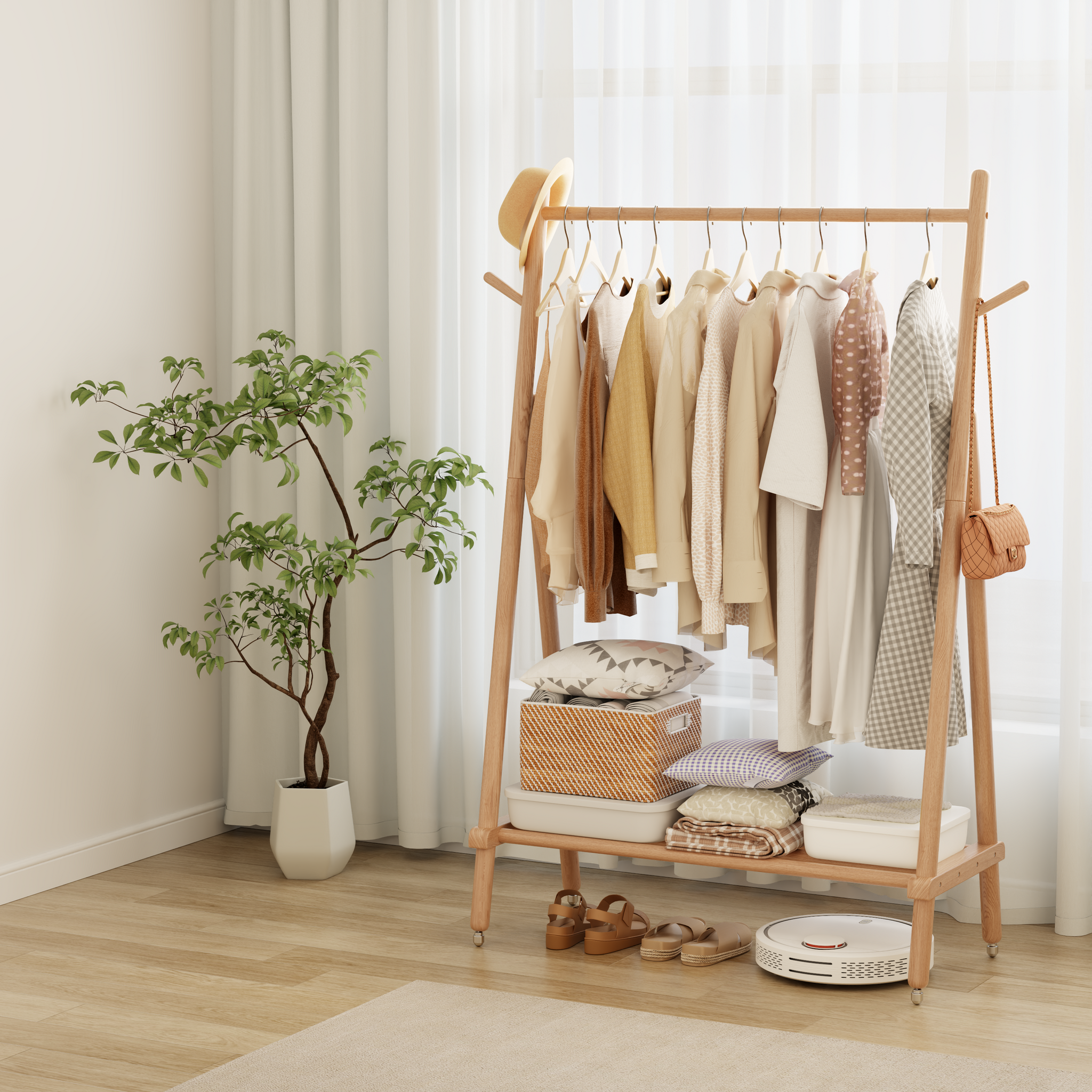 Solid Wood Rolling Clothes Rack with Shelves