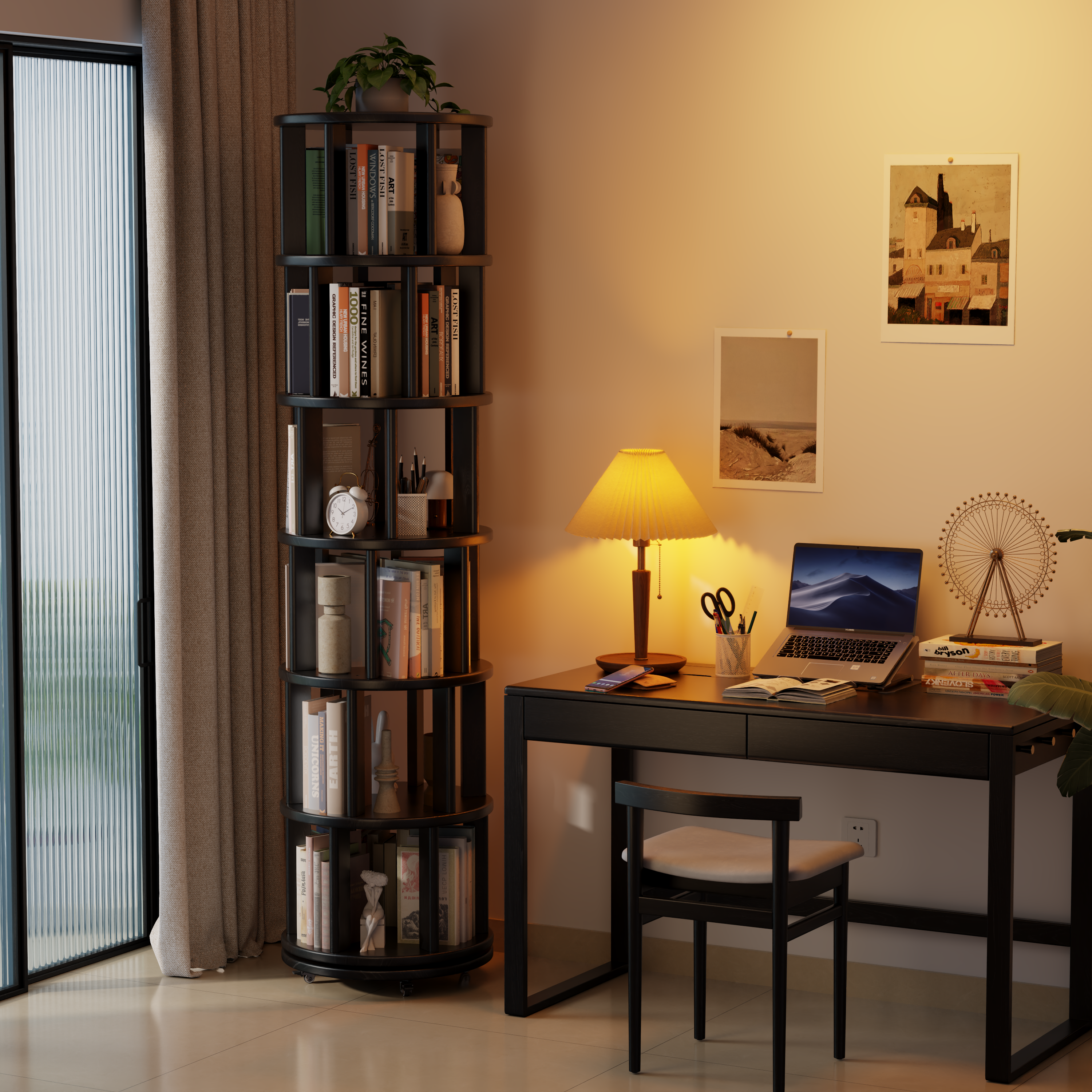 Rotating Solid Wood Bookshelf with Brake Wheels – Adjustable 1-6 Tier Swivel Bookcase