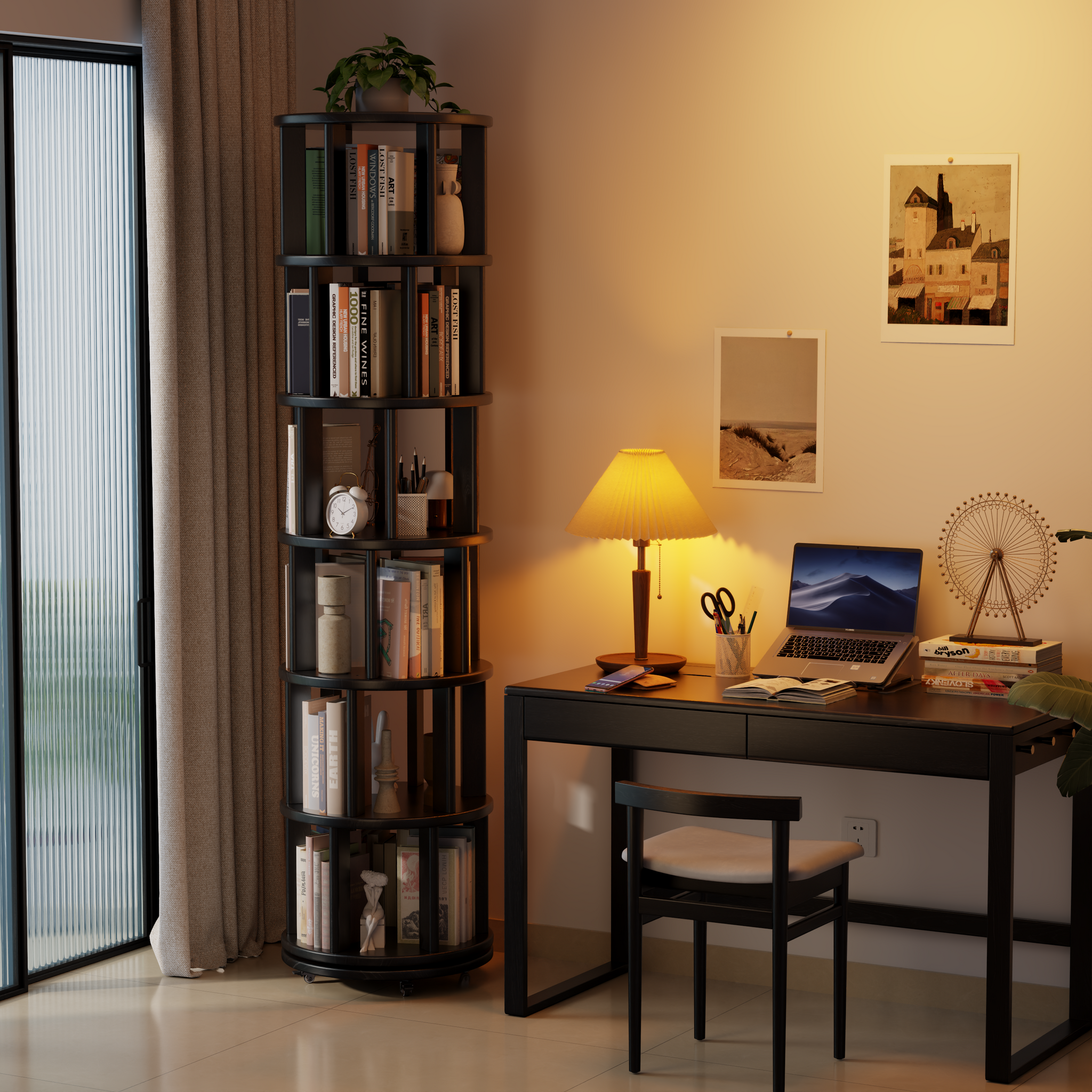 Rotating Solid Wood Bookshelf with Brake Wheels – Adjustable 1-6 Tier Swivel Bookcase