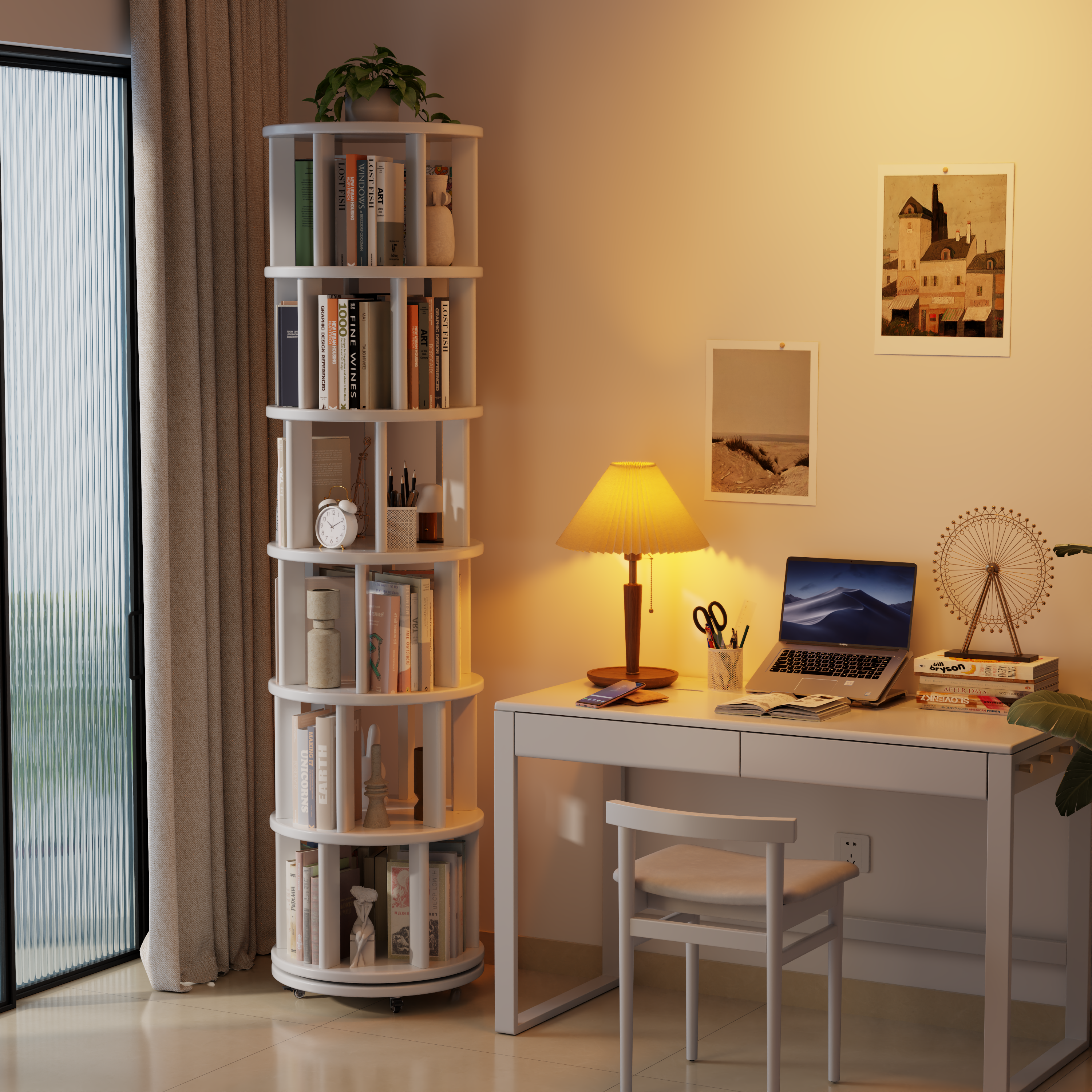 Rotating Solid Wood Bookshelf with Brake Wheels – Adjustable 1-6 Tier Swivel Bookcase