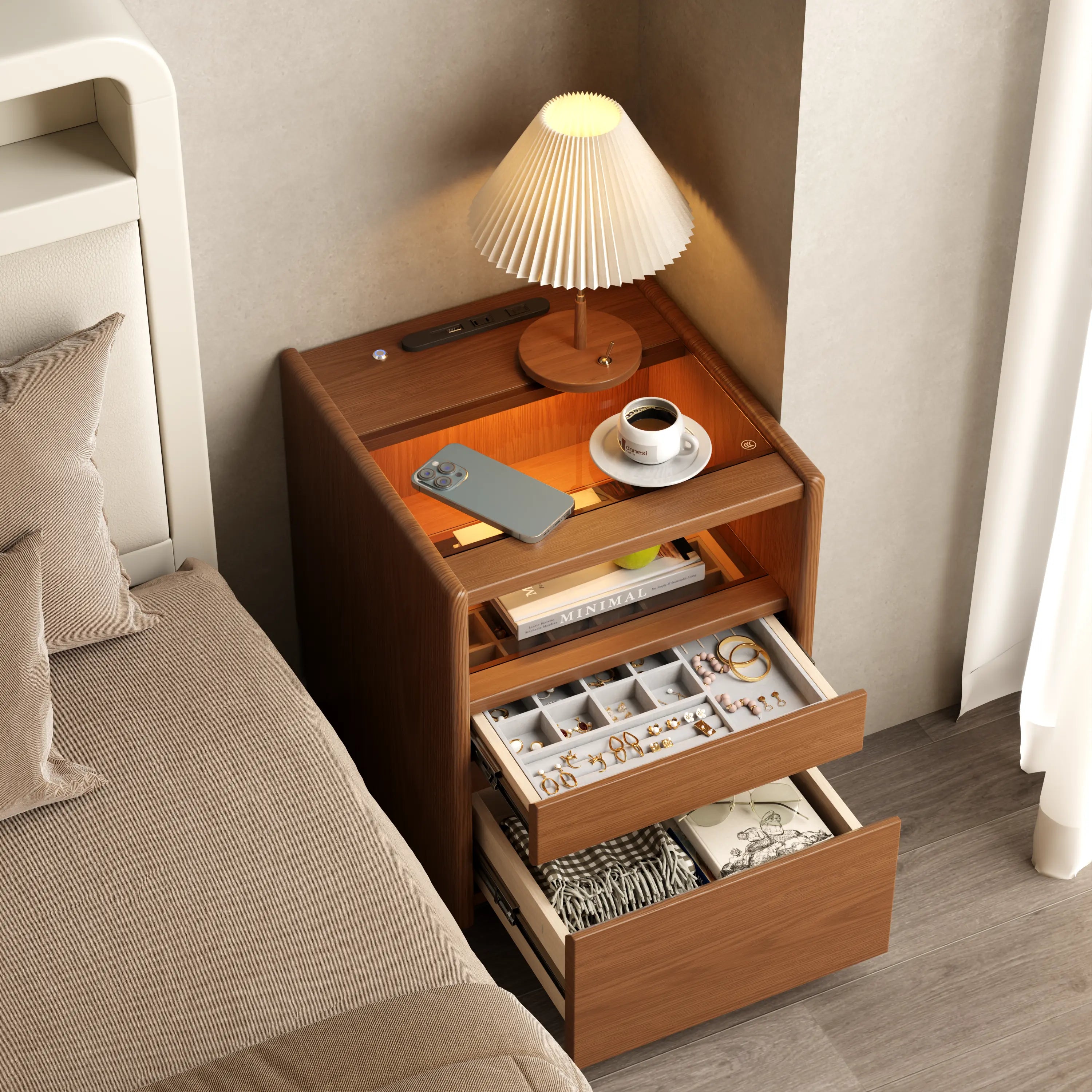 Smart Nightstand with LED Light & Wireless Charging - Kaslandi Furniture