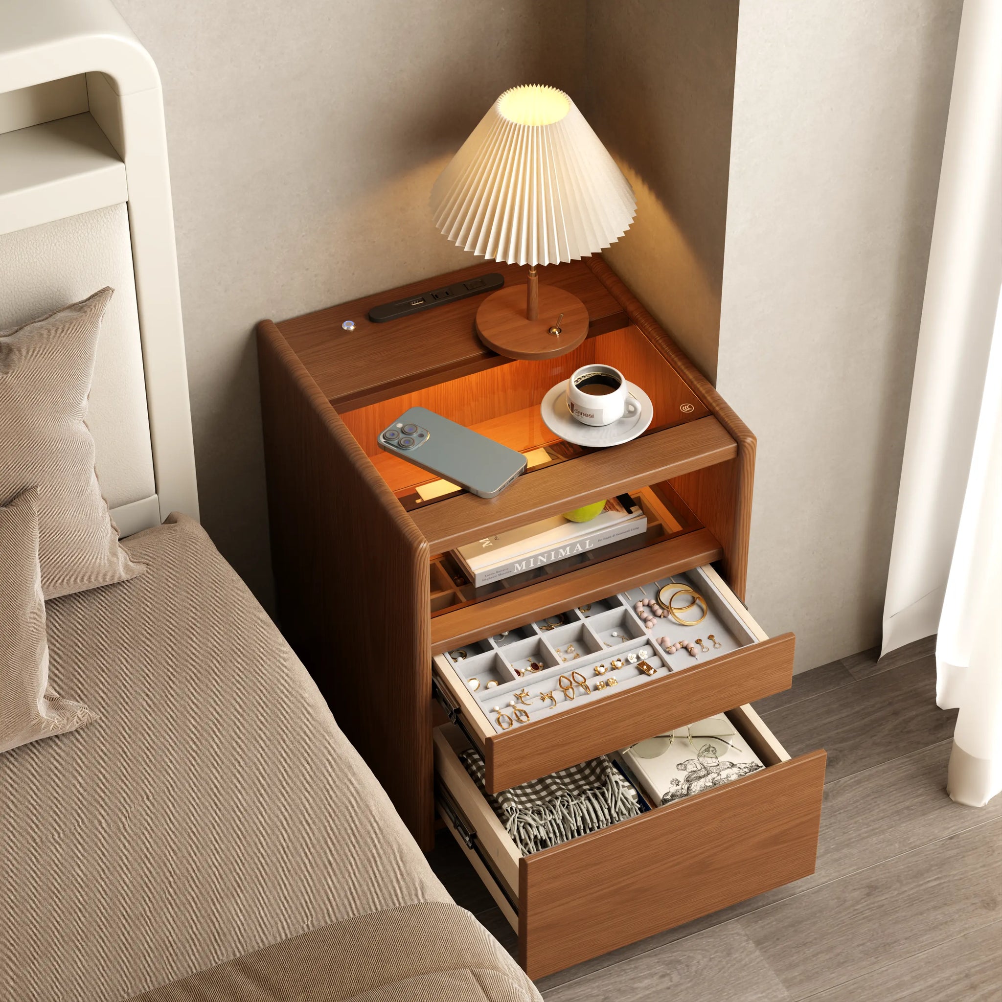 Smart Nightstand with LED Light & Wireless Charging - Kaslandi Furniture