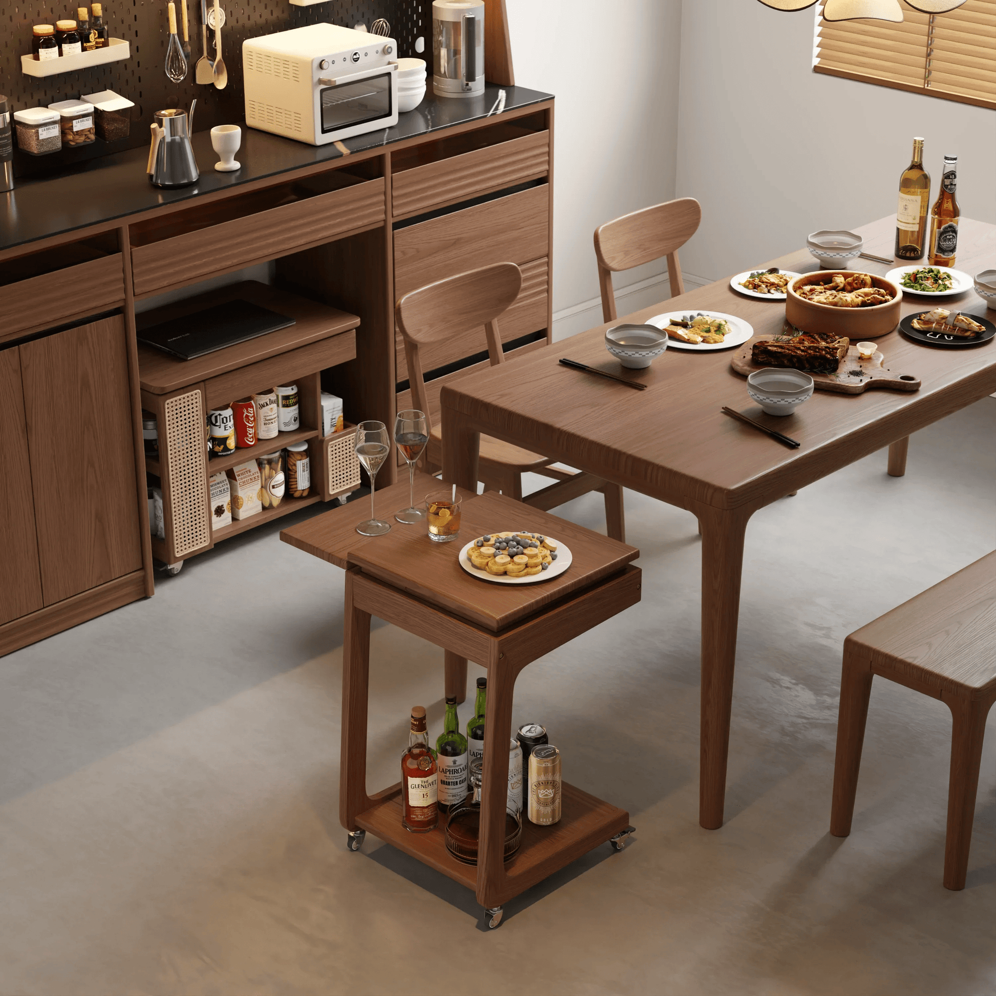 Solid Wood Rolling C - Shaped Side Table with Adjustable Top & Foldable Shelf - Kaslandi Furniture