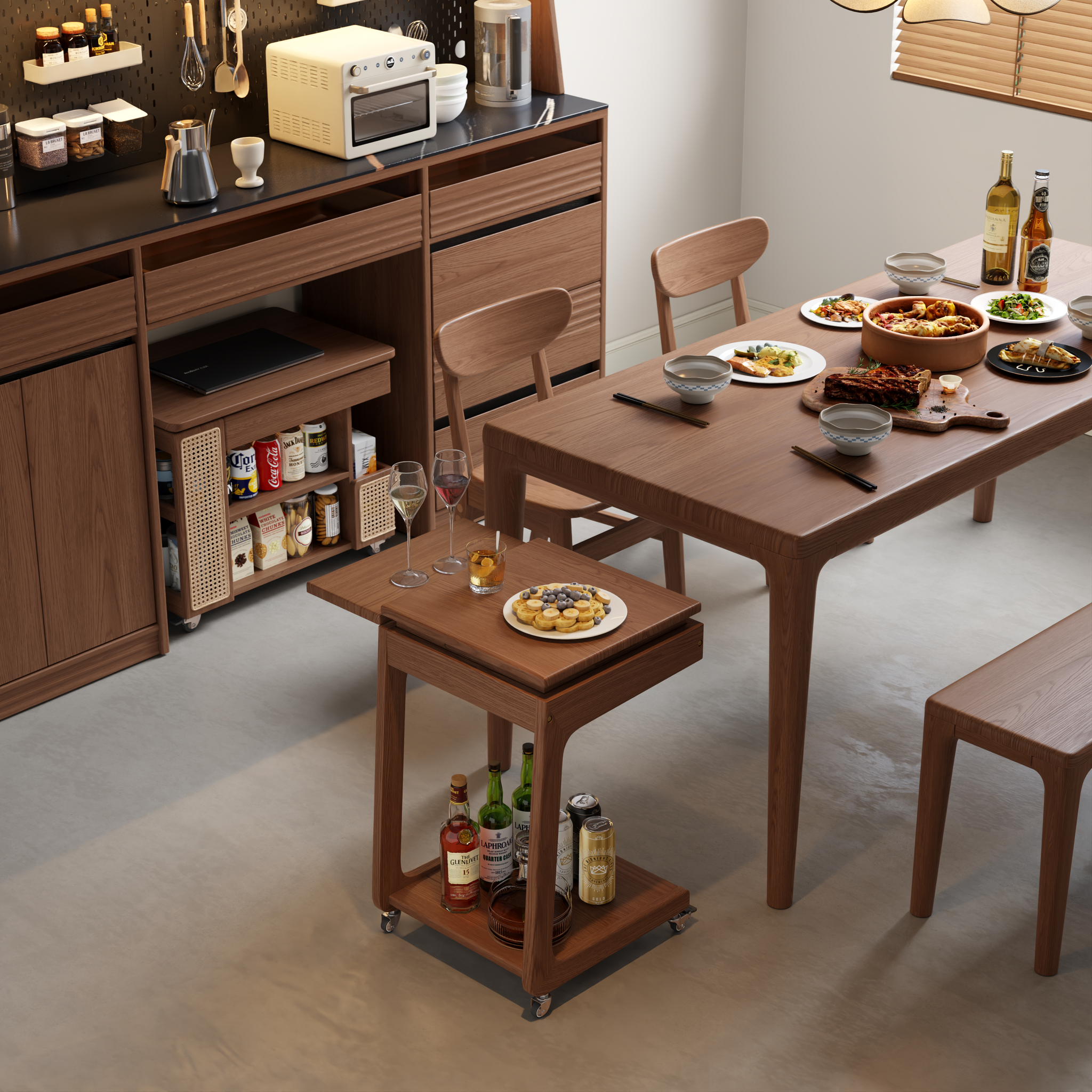 Solid Wood C-Shaped Rolling Side Table – Adjustable with Storage & Folding Shelf