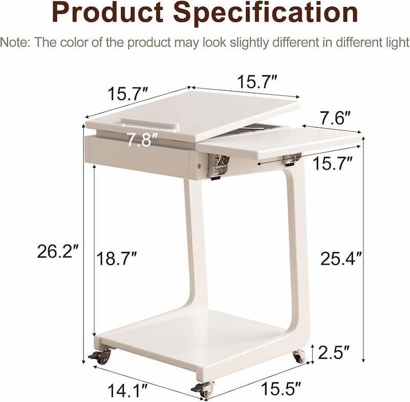 Solid Wood Rolling C-Shaped Side Table with Adjustable Top & Foldable Shelf - iKaslandi
