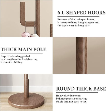 Solid Wood Cactus Coat Rack Stand, Freestanding Coat Rack with 6 L-shaped Hooks and 3 Adjustable Sizes, Sturdy and Easy to Assemble Coat Tree for Entryway, Bedroom
