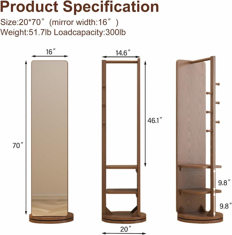 360° Rotating Floor Mirror with Clothes Rack & Shelves - iKaslandi