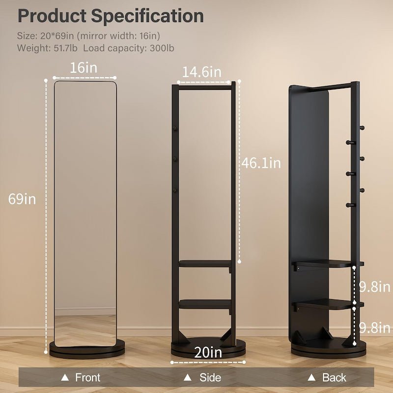 360° Rotating Floor Mirror with Clothes Rack & Shelves - iKaslandi