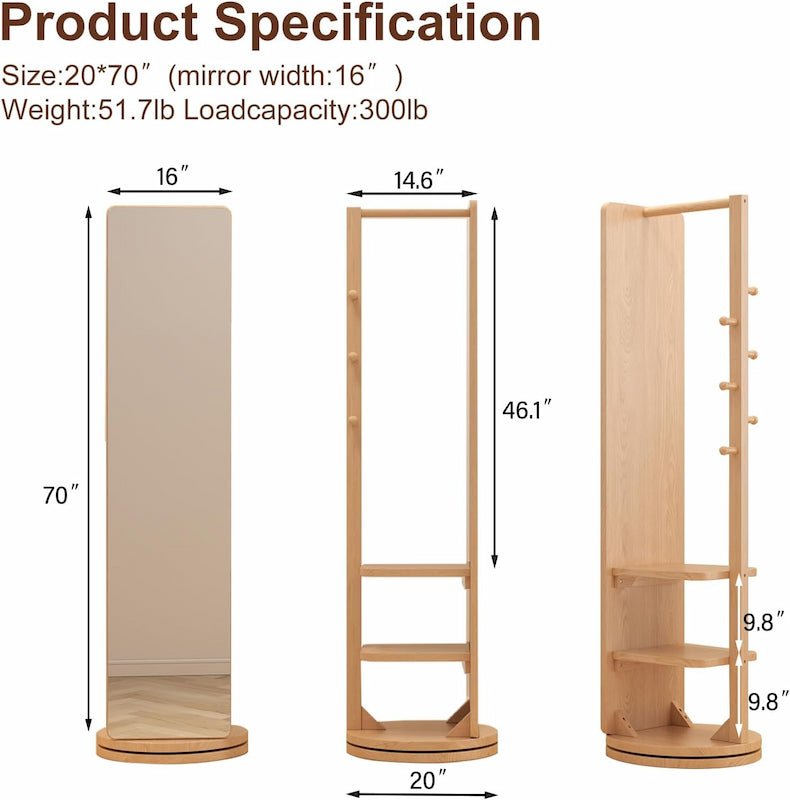 360° Rotating Floor Mirror with Clothes Rack & Shelves - iKaslandi