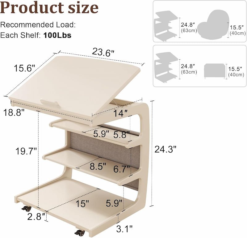 Solid Wood C-Shaped Table for Couch with 3-Tier Storage - iKaslandi