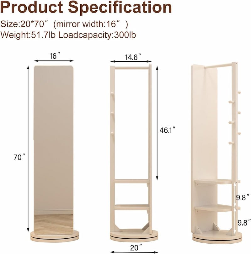 360° Rotating Floor Mirror with Clothes Rack & Shelves - iKaslandi