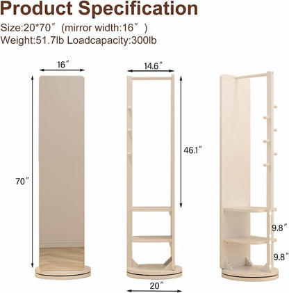 360° Rotating Floor Mirror with Clothes Rack & Shelves - iKaslandi