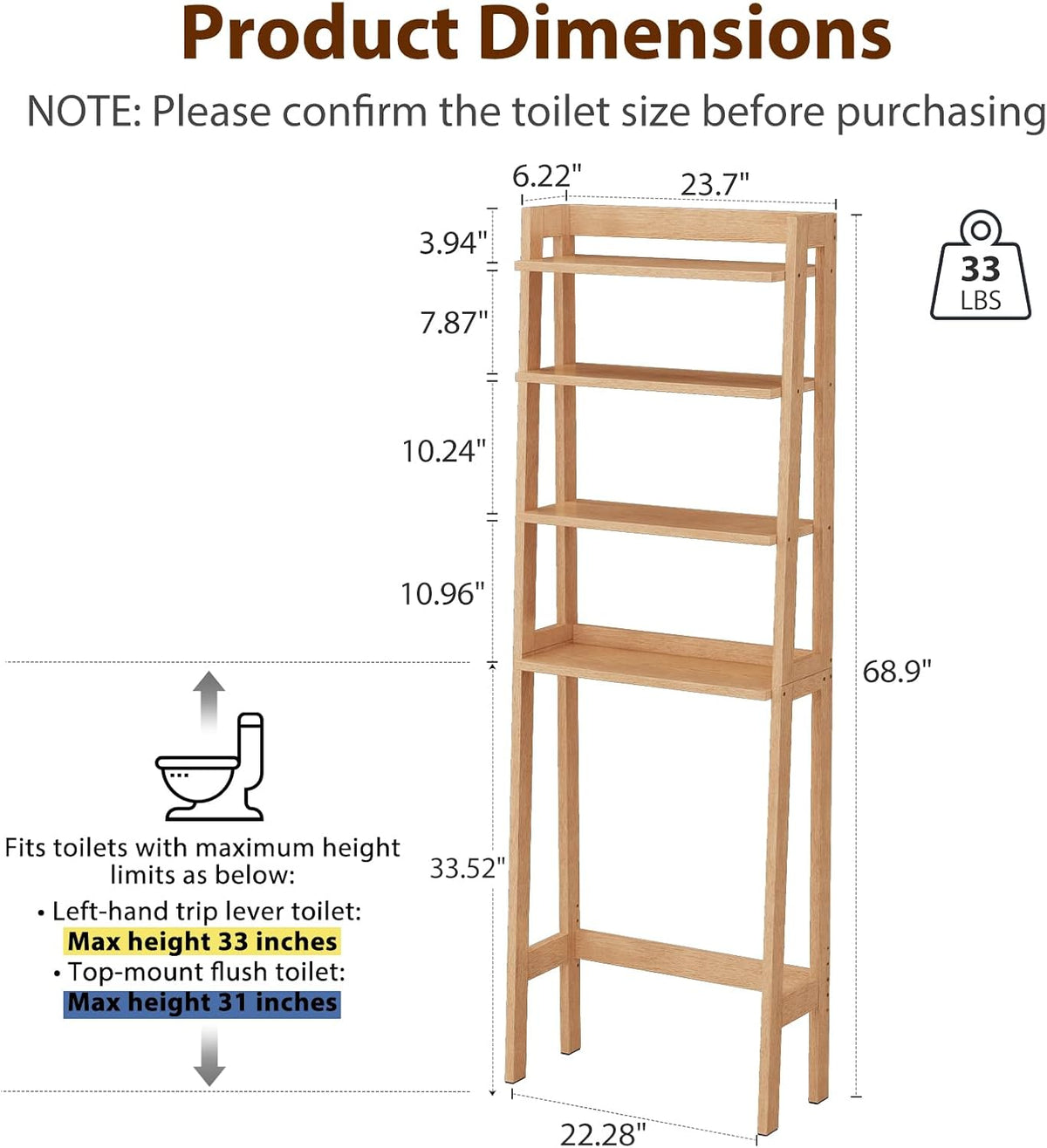 Freestanding 4-Tier Wood Over The Toilet Storage Shelf with Anti-Tip Kit - iKaslandi