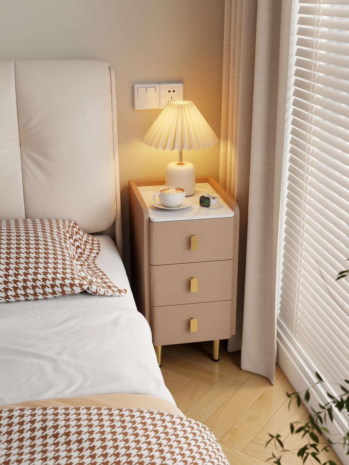 Narrow Bedside Table with 3 Drawers, Wood Frame and Leather Surface - iKaslandi