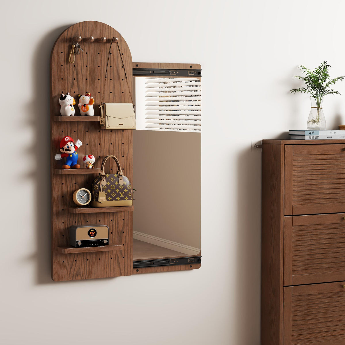 Wooden Full Length Wall Mirror with Pegboard Shelf and Hooks