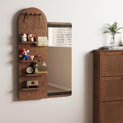 Wooden Full Length Wall Mirror with Pegboard Shelf and Hooks