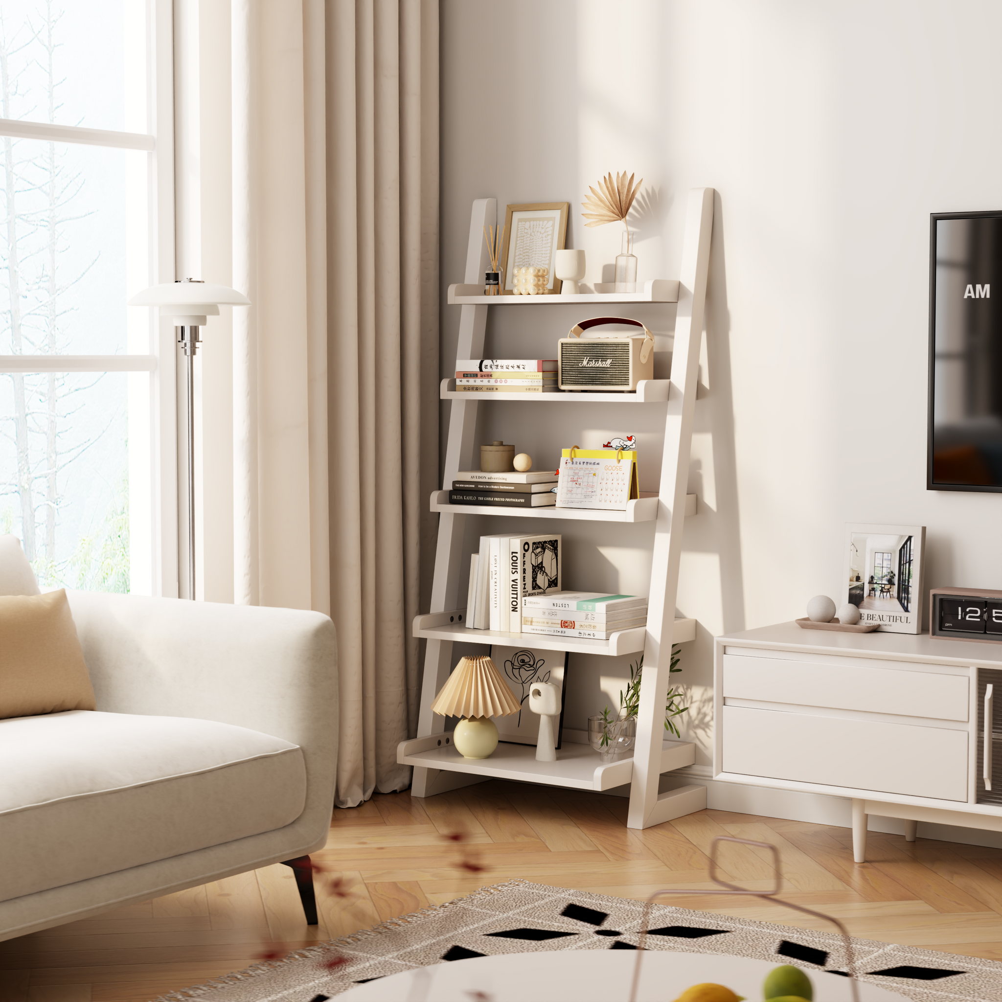 5-Tier Wooden Ladder Shelf – Modern Space-Saving Bookcase