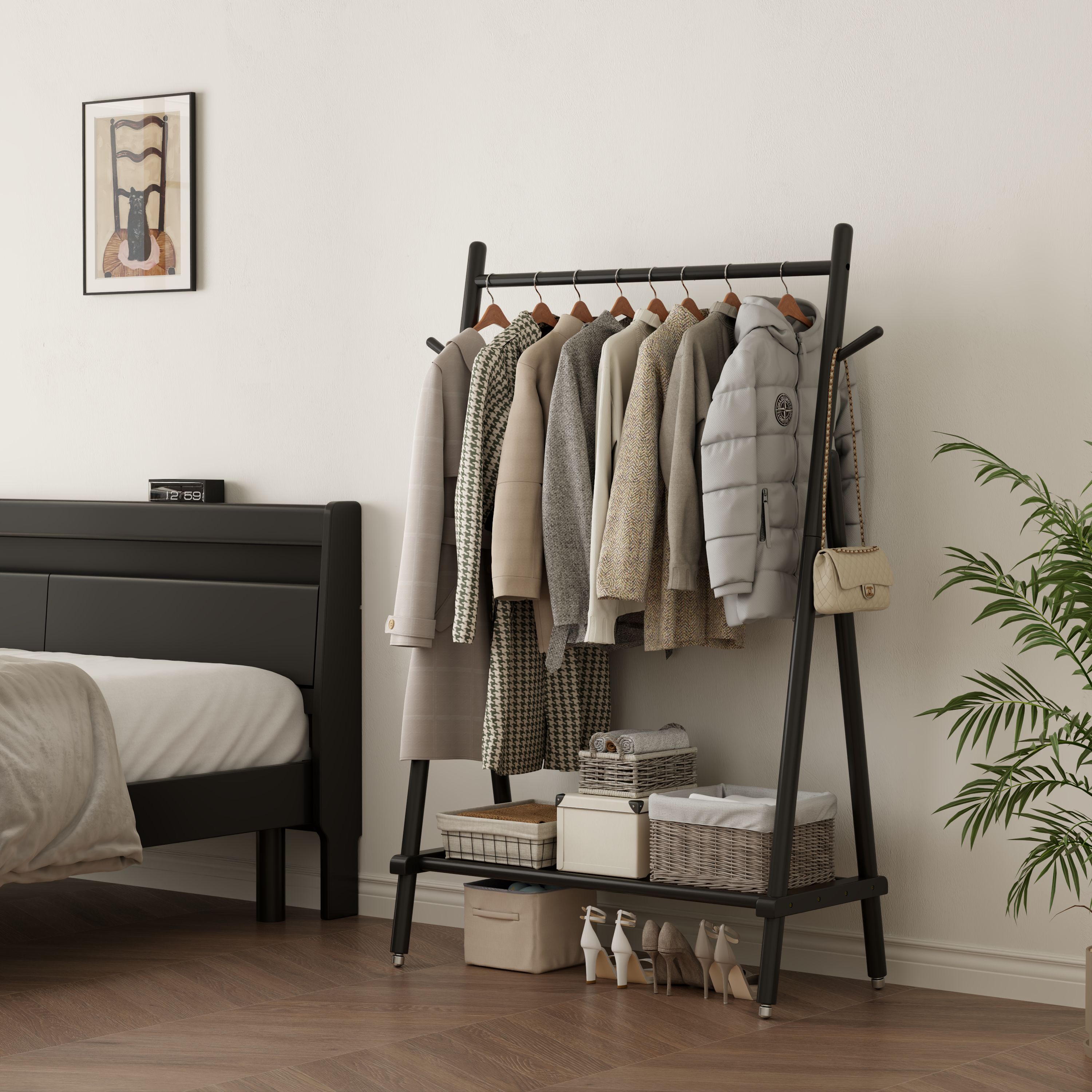 Solid Wood Rolling Clothes Rack with Shelves