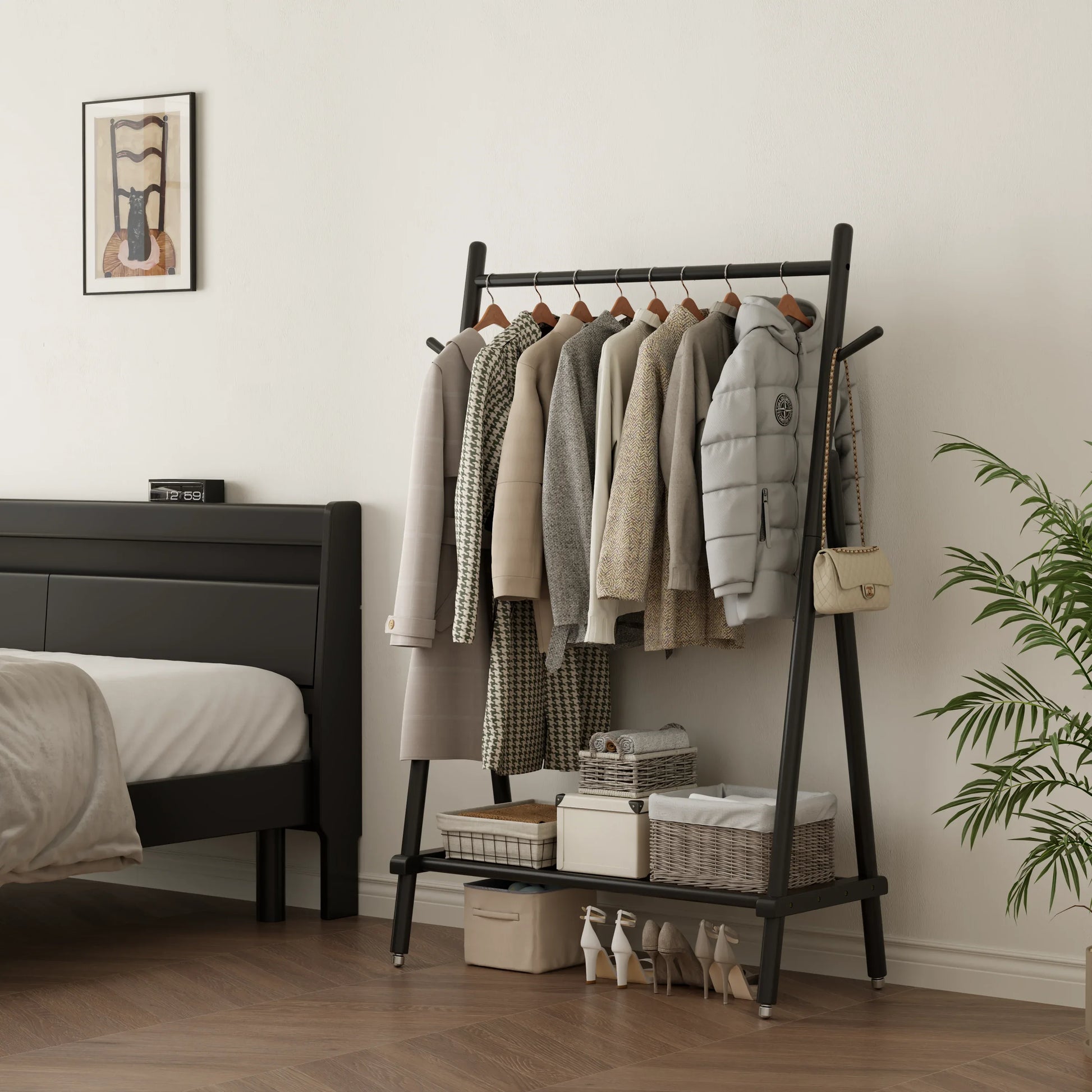 Solid Wood Rolling Clothes Rack with Shelves - Kaslandi Furniture