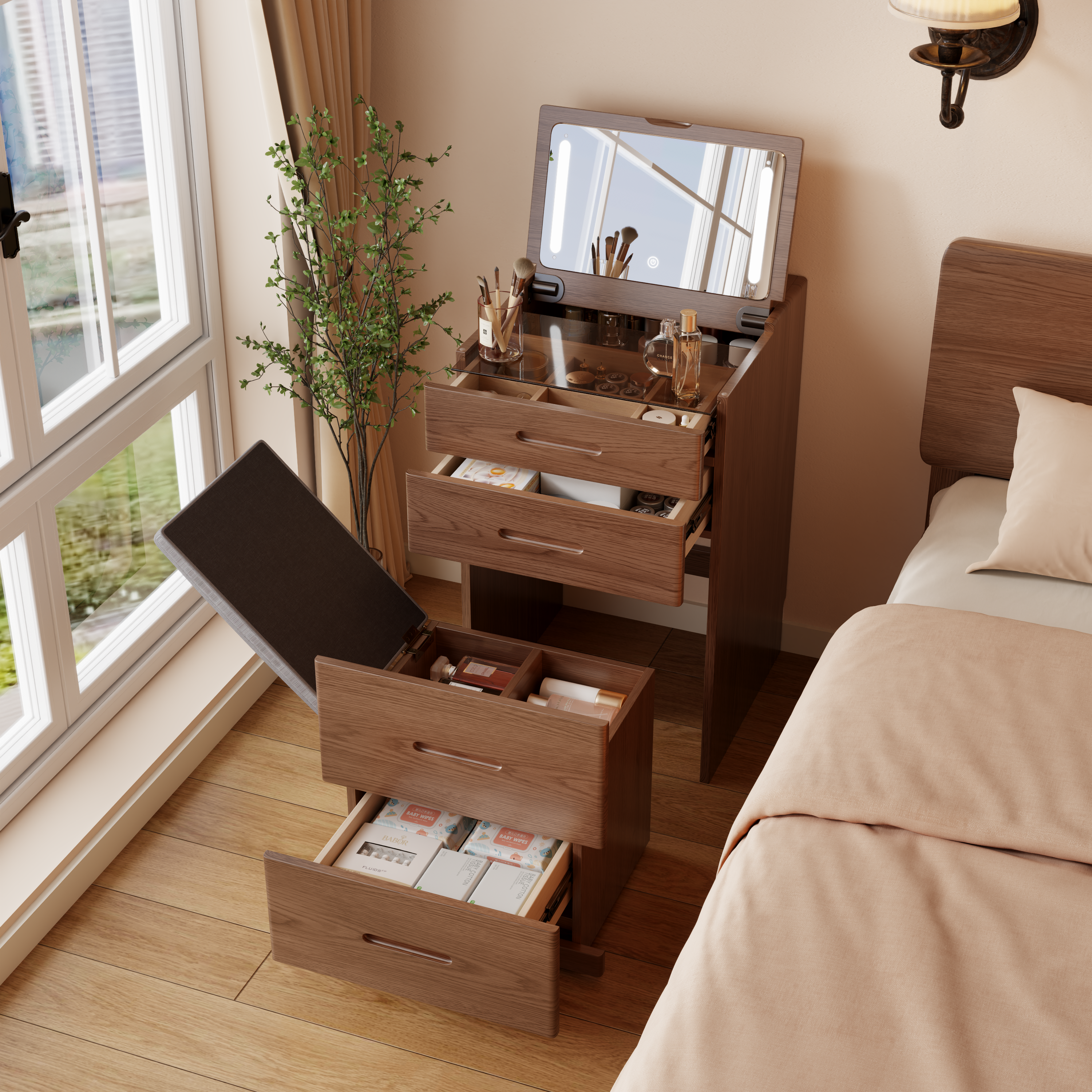 Solid Wood 3 in 1 Vanity Desk with Flip Top Mirror, Compact Vanity with Hidden Chair