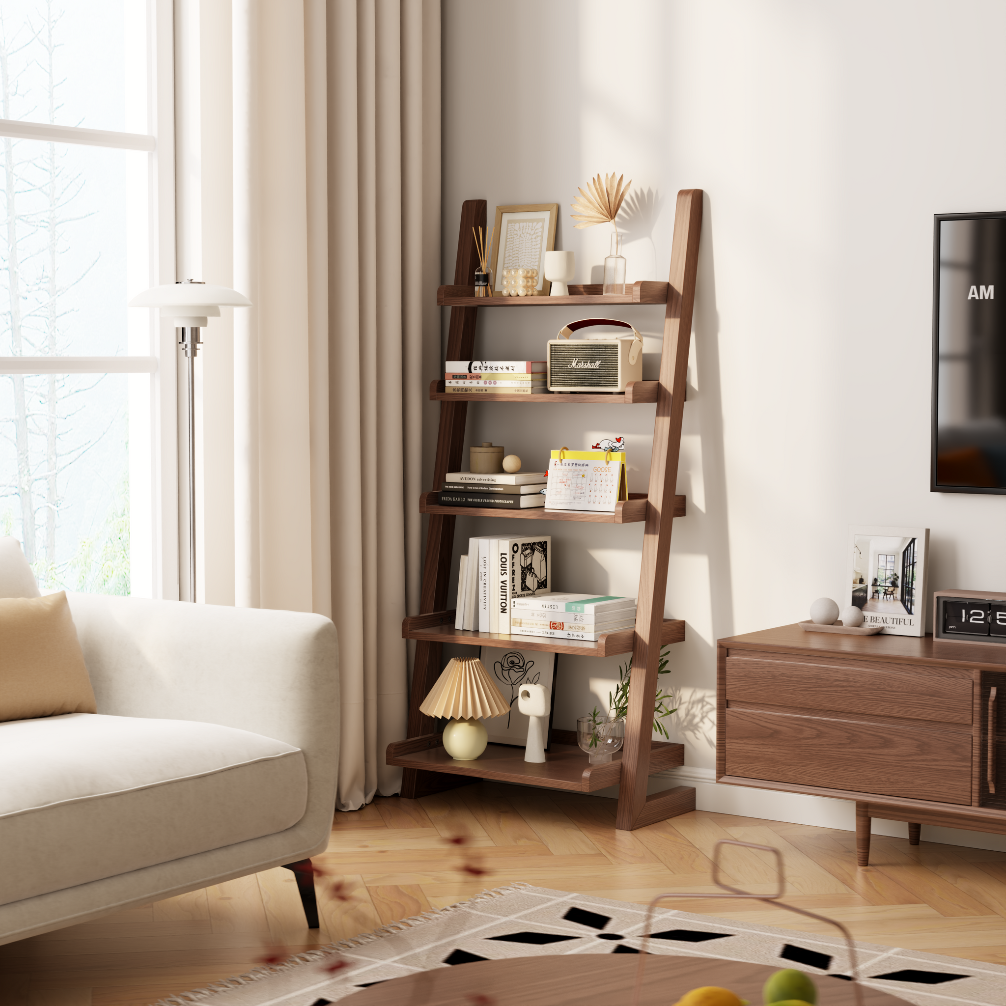 5-Tier Wooden Ladder Shelf – Modern Space-Saving Bookcase