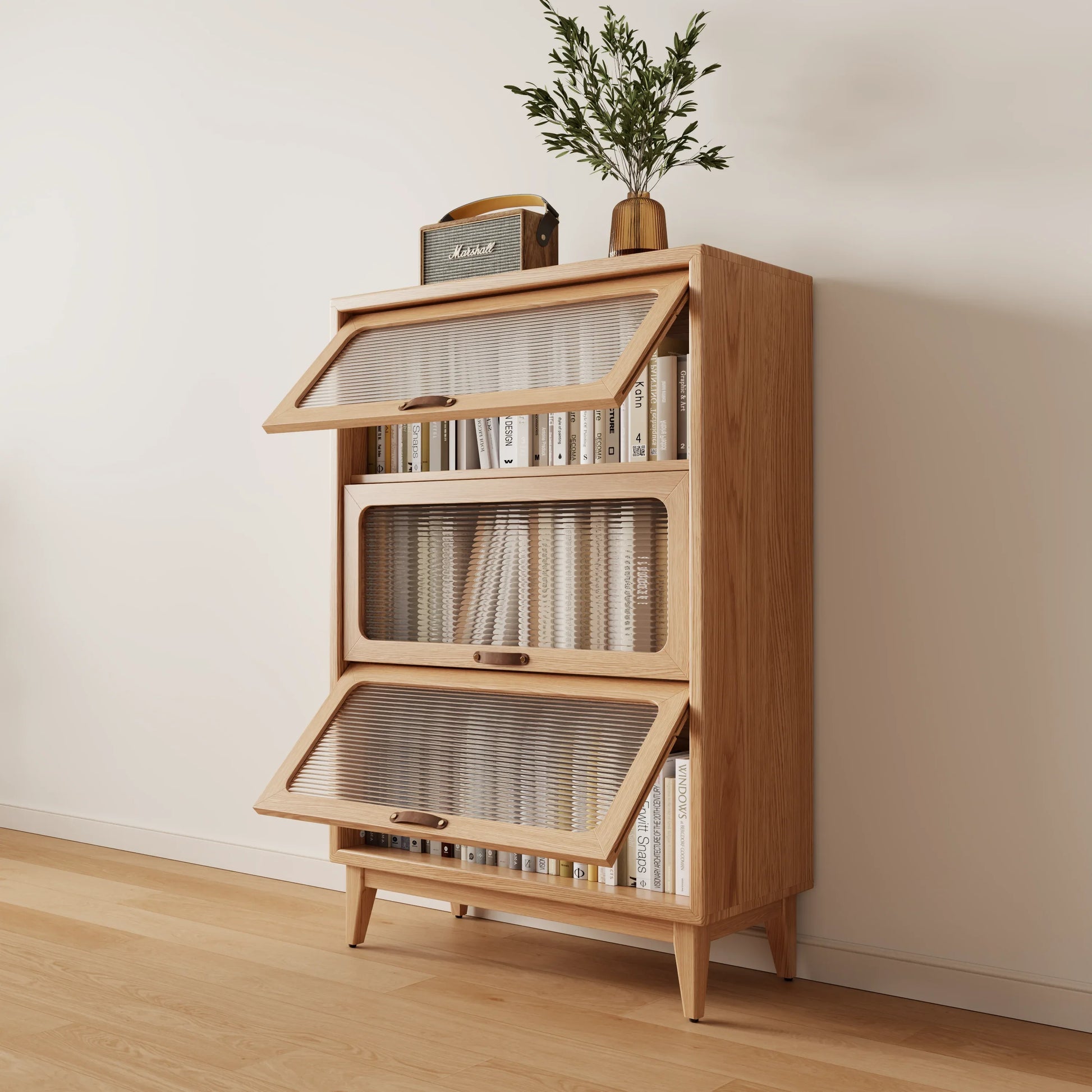 3 - Tier Solid Wood Bookcase with Flip - Up Glass Doors - Kaslandi Furniture