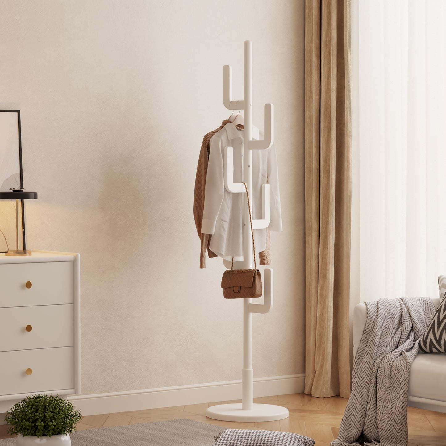 Solid Wood Cactus Coat Rack Stand, Freestanding Coat Rack with 6 L-shaped Hooks and 3 Adjustable Sizes, Sturdy and Easy to Assemble Coat Tree for Entryway, Bedroom