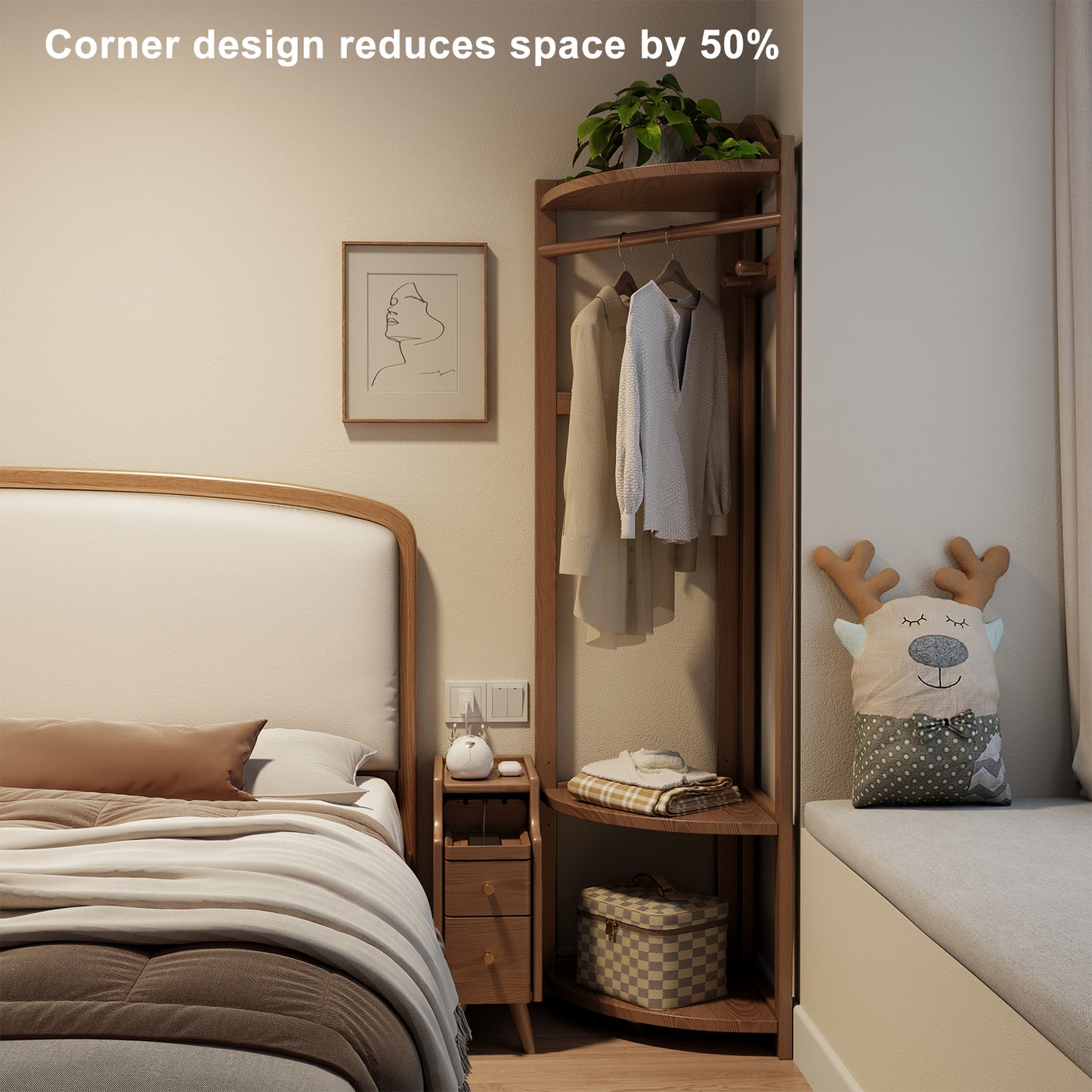 Corner Clothes Rack with Thick Clothes Rod, Wood Corner Hall Tree with Hooks, Clothes Rack Freestanding with Storage Shelf for Entryway Bedroom