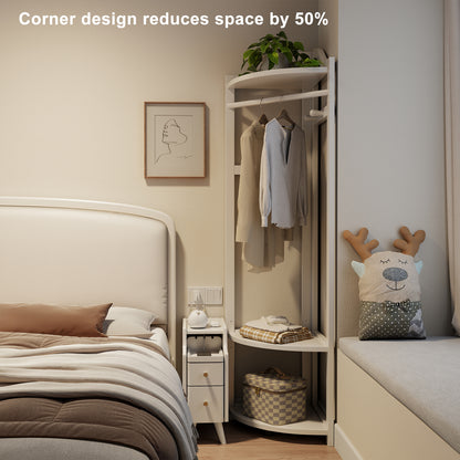 Corner Clothes Rack with Thick Clothes Rod, Wood Corner Hall Tree with Hooks, Clothes Rack Freestanding with Storage Shelf for Entryway Bedroom