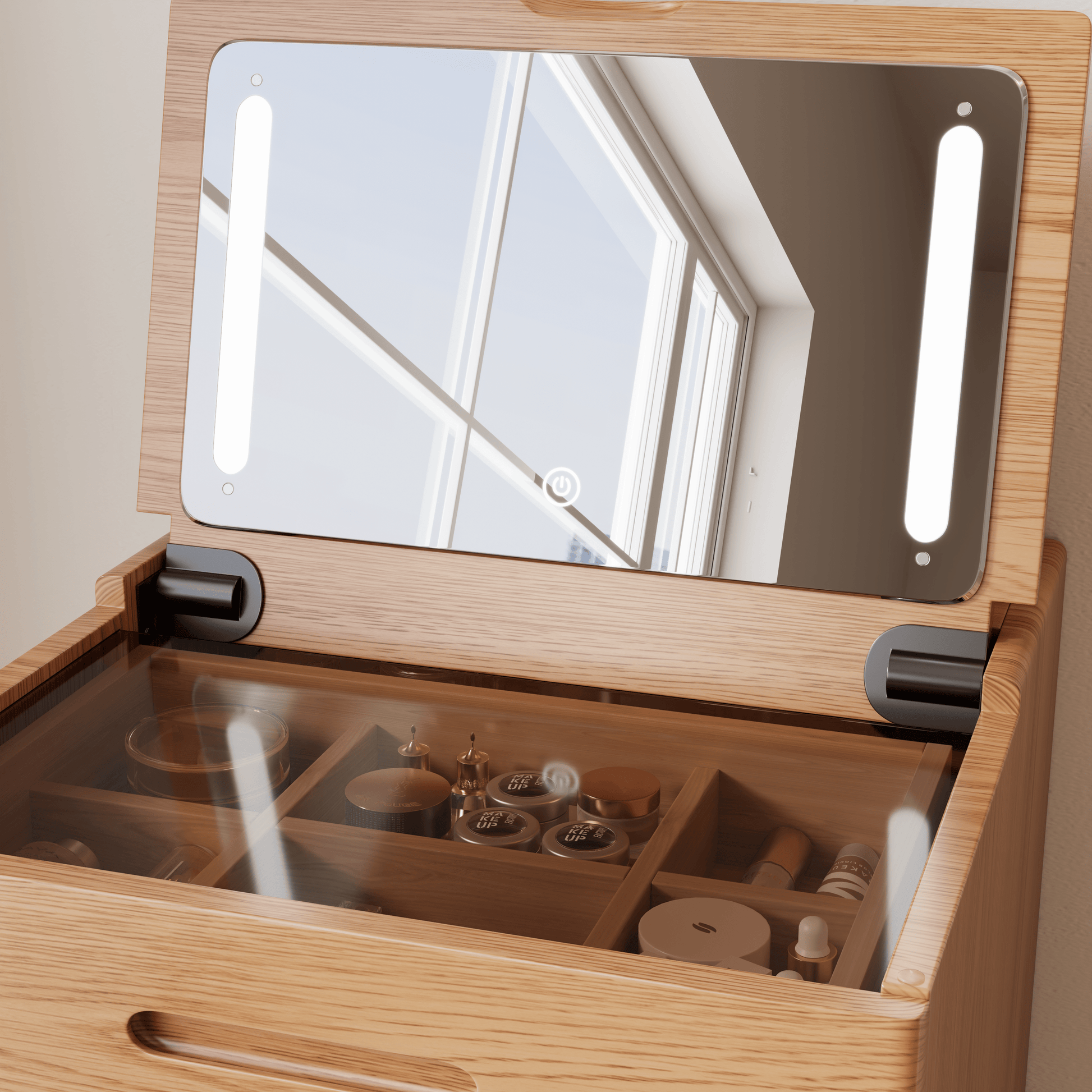 Solid Wood LED Vanity Desk with Chair, Space Saving Makeup Table - Kaslandi Furniture