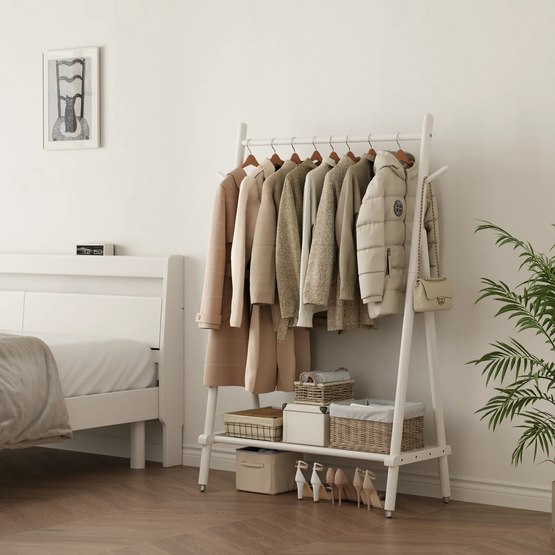 Solid Wood Rolling Clothes Rack with Shelves - Kaslandi Furniture