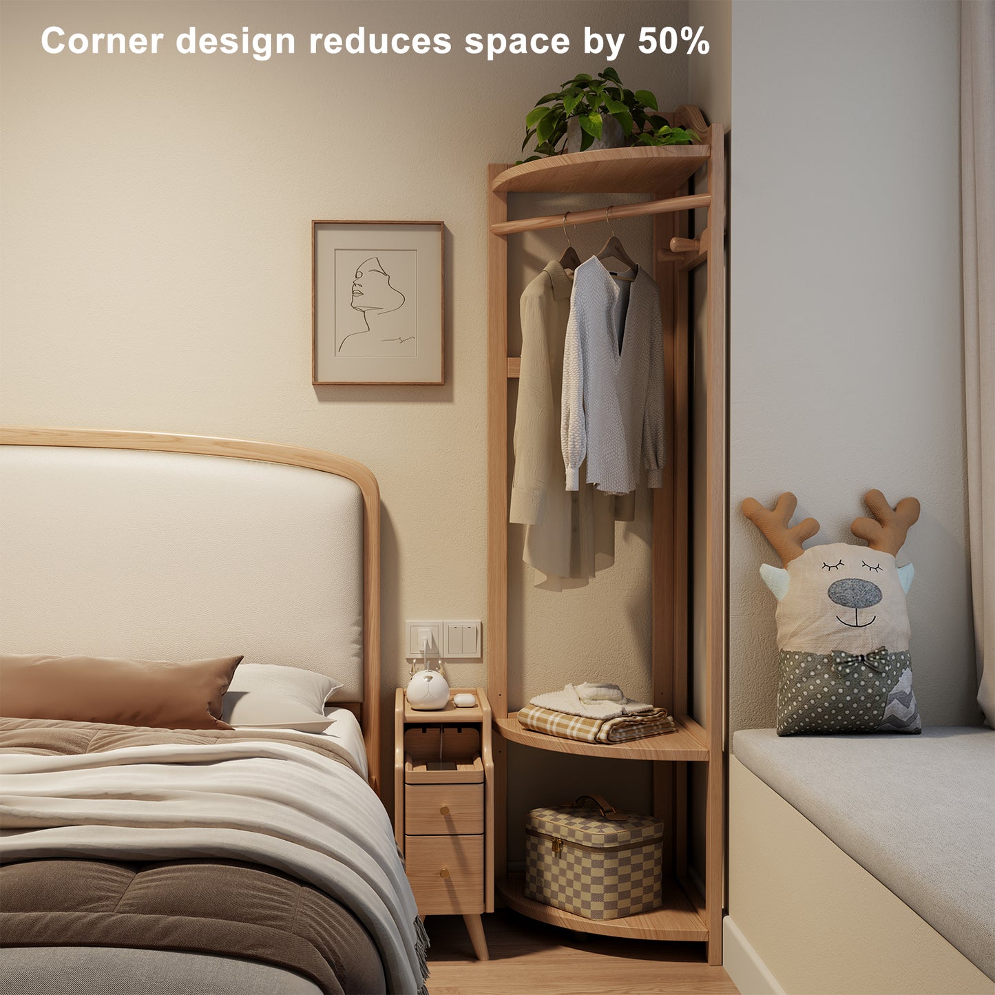Corner Clothes Rack with Thick Clothes Rod, Wood Corner Hall Tree with Hooks, Clothes Rack Freestanding with Storage Shelf for Entryway Bedroom