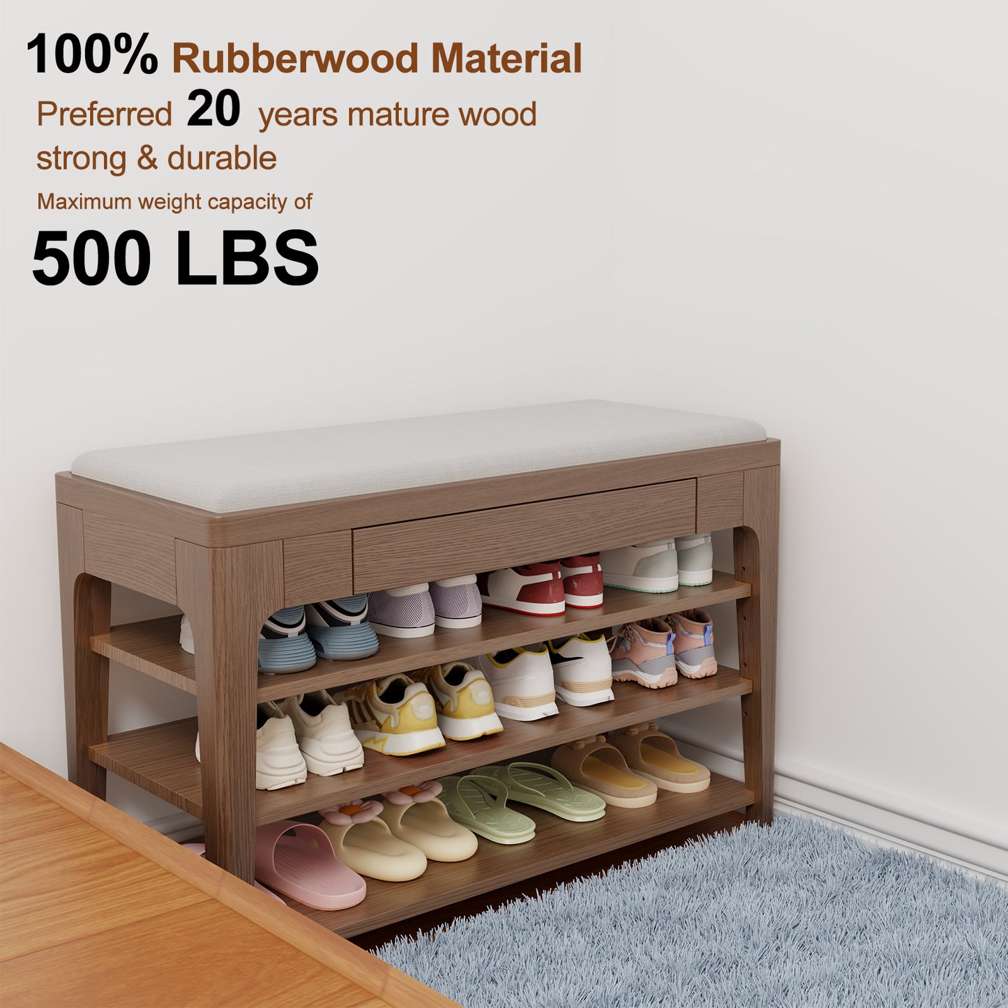 Small Shoe Bench with Storage, Wooden Shoe Storage Bench with Cushion&Hidden Drawer, 3-Tier Shoe Rack Bench for Entryway, Mudroom, Hallway