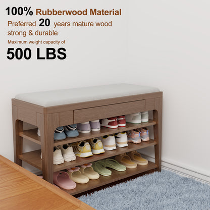 Small Shoe Bench with Storage, Wooden Shoe Storage Bench with Cushion&Hidden Drawer, 3-Tier Shoe Rack Bench for Entryway, Mudroom, Hallway