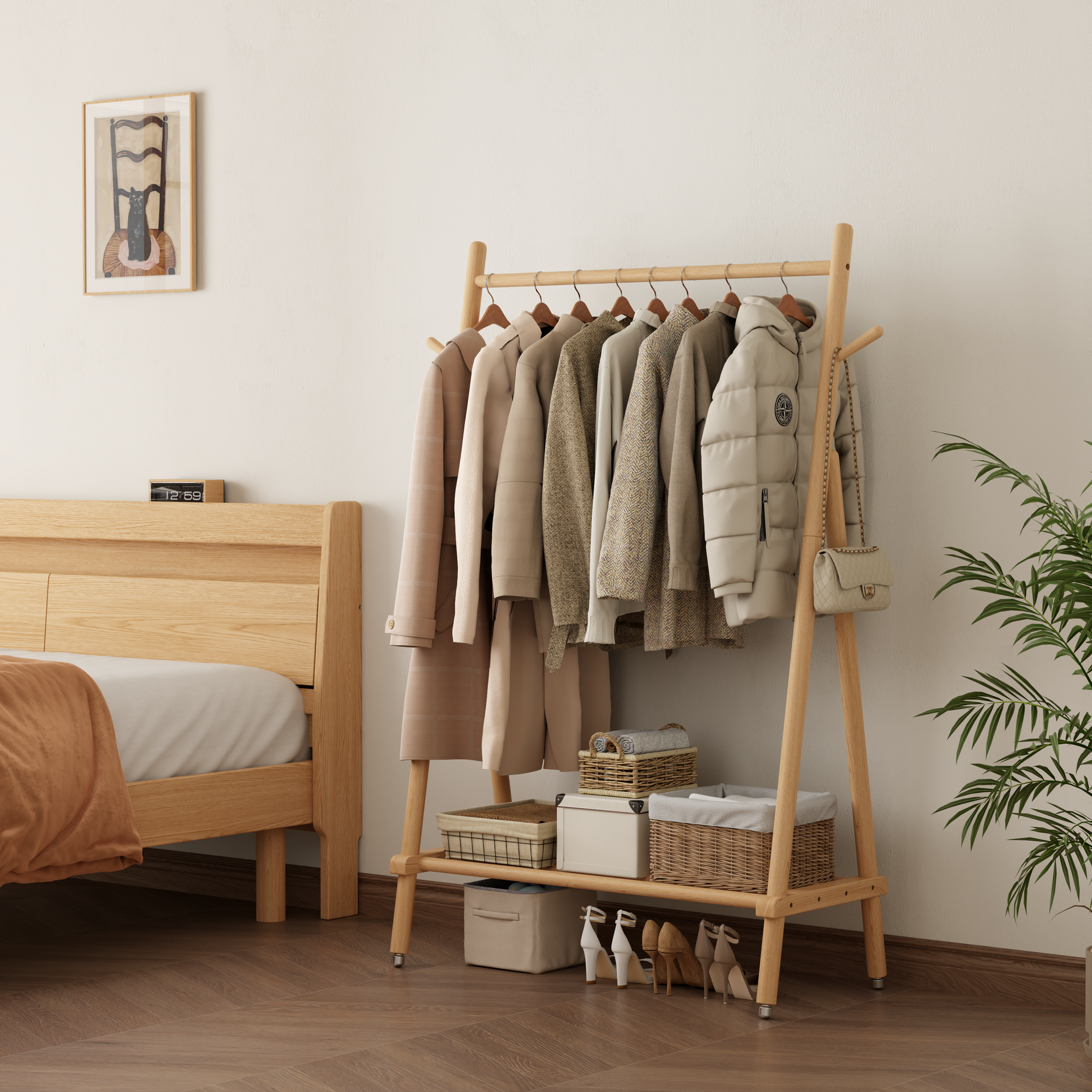 Solid Wood Rolling Clothes Rack with Shelves