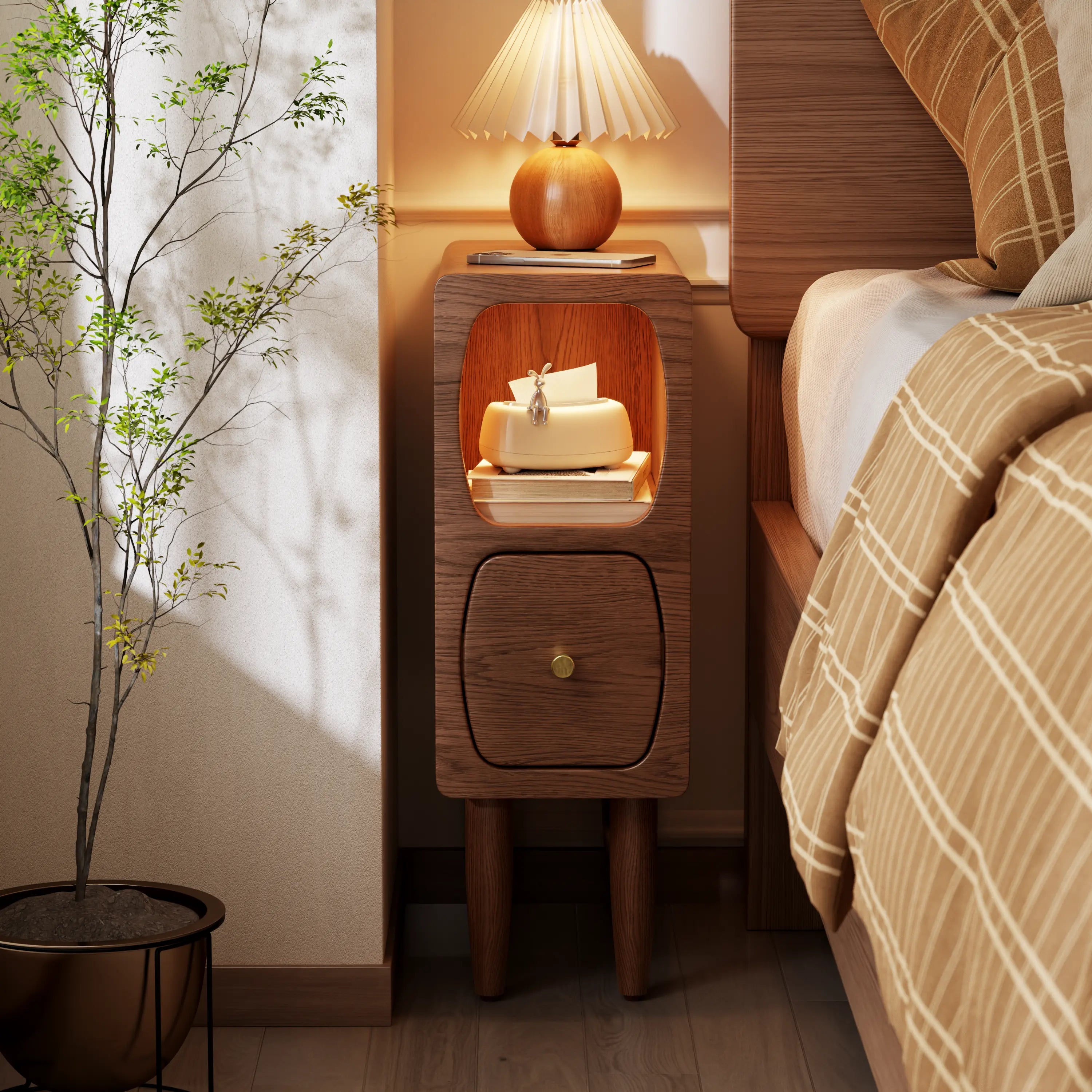 Solid Oak Wood Nightstand with Drawer | Compact Bedside Storage Cabinet for Small Spaces - Kaslandi Furniture