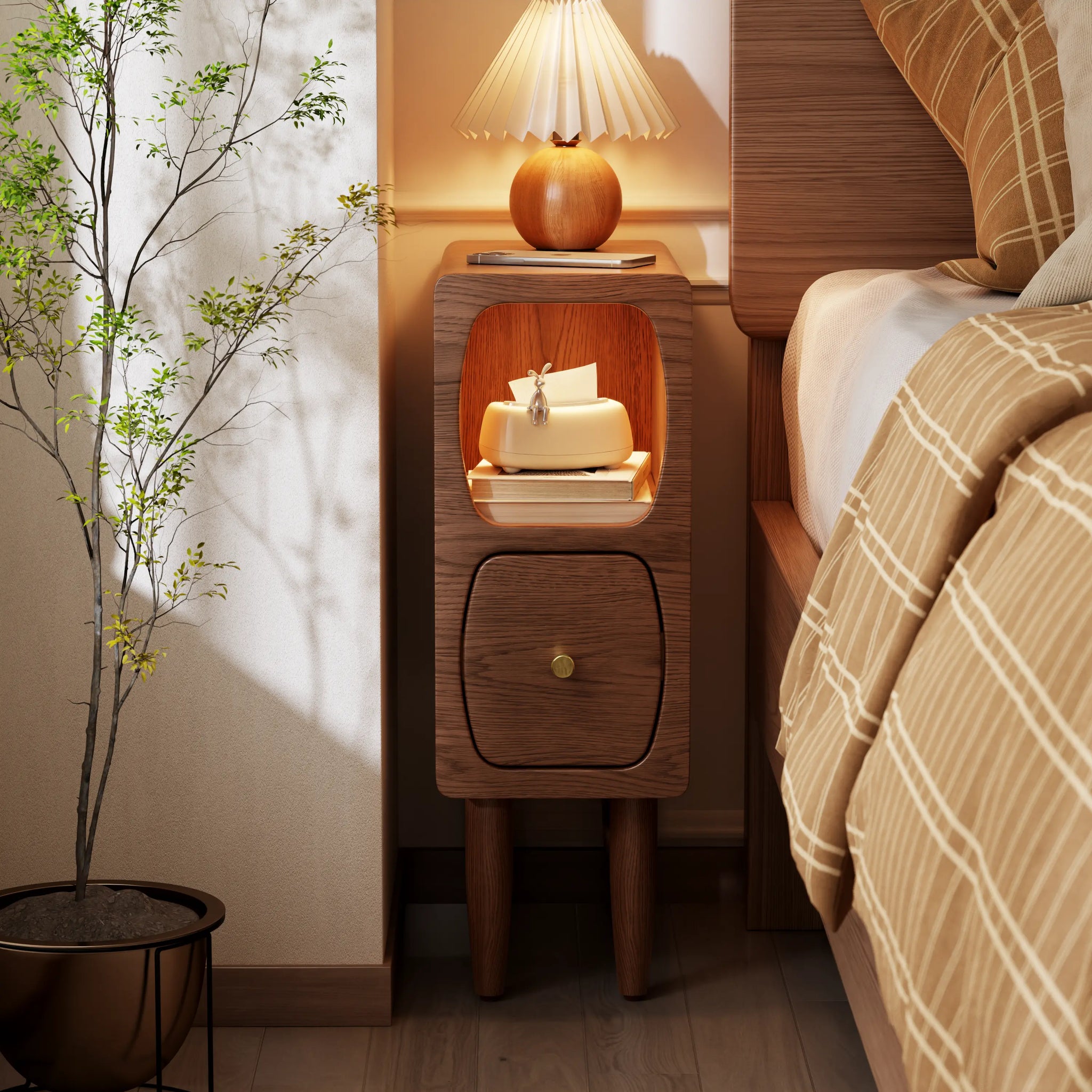 Solid Oak Wood Nightstand with Drawer | Compact Bedside Storage Cabinet for Small Spaces - Kaslandi Furniture