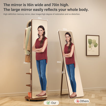 Ceramic Art Piece-2Full Length Mirror with Brake Wheels, 70"x16", Unique Solid Wood Oversized Floor Mirror with Coat Rack, Full Body Mirror for Bedroom, Living Room
