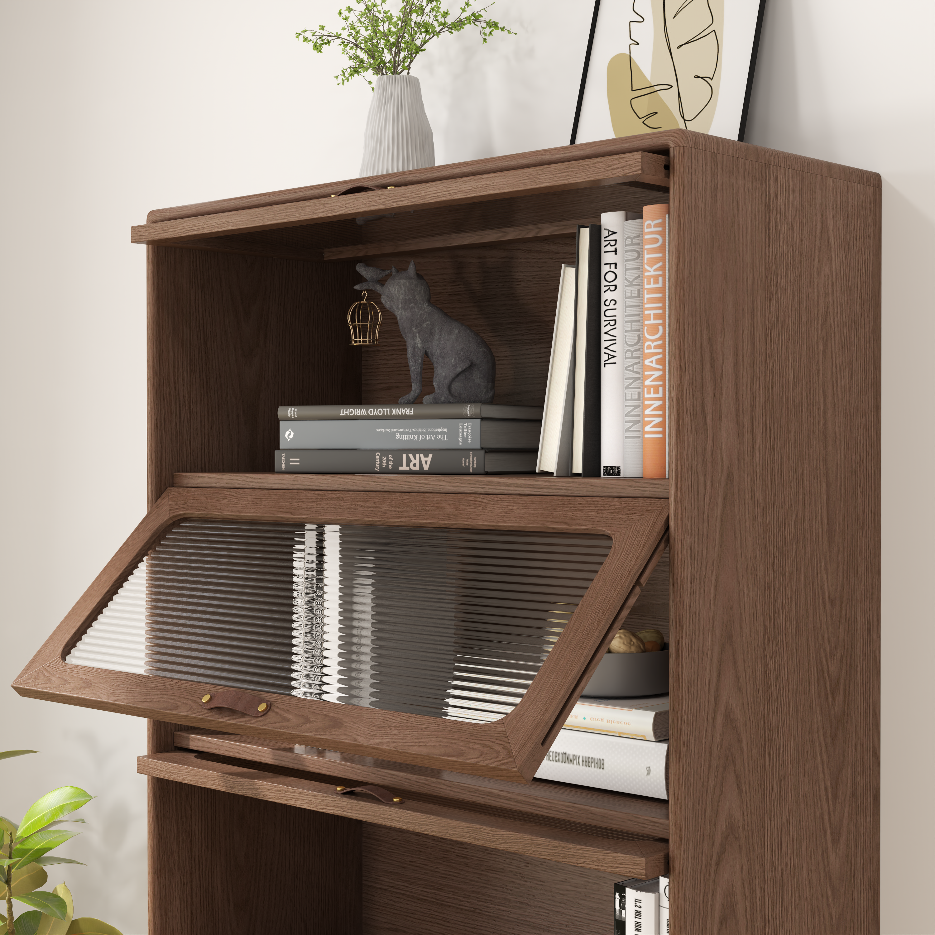 3-Tier Solid Wood Bookcase with Flip-Up Glass Doors