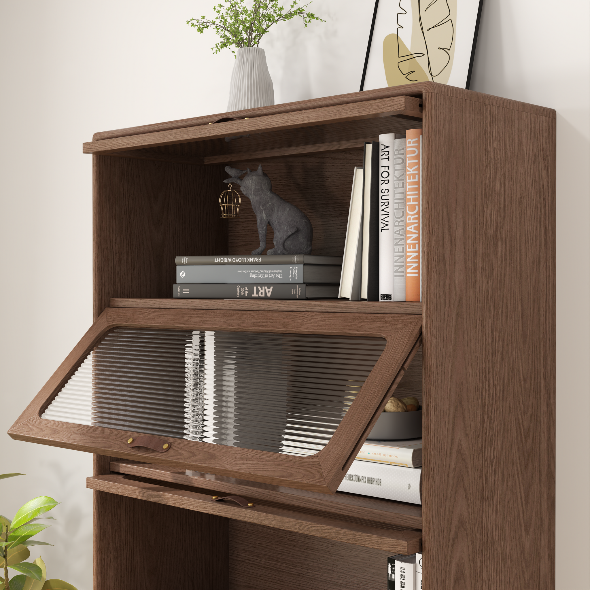 3-Tier Solid Wood Bookcase with Flip-Up Glass Doors