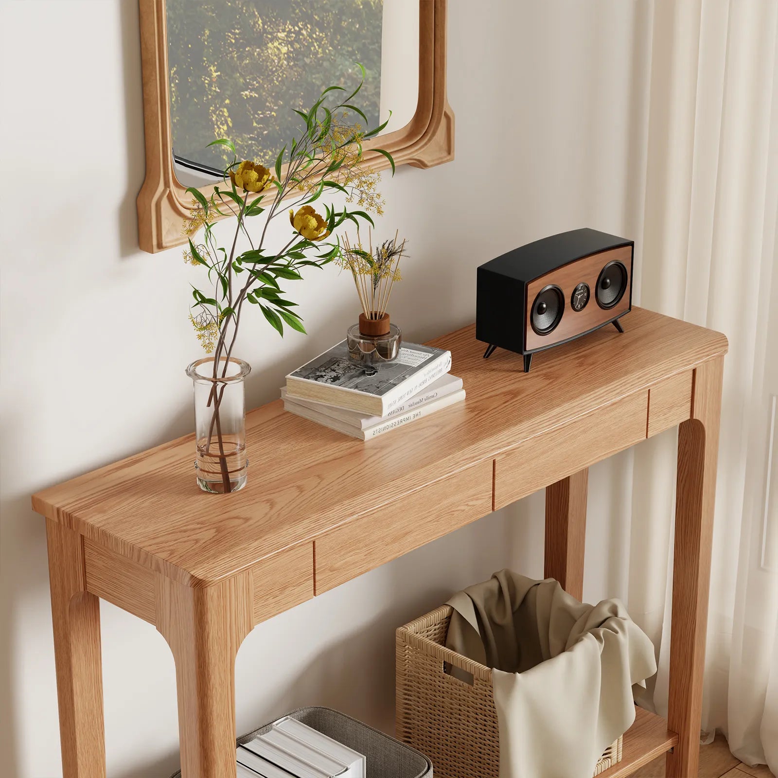 Solid Wood Entryway Console Table with Drawers and Bottom Storage Shelf - Kaslandi Furniture