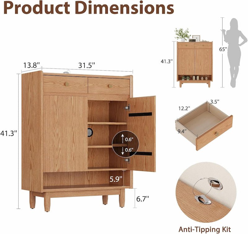 Fluted Solid Wood Shoe Cabinet with Drawers & Open Shelf - iKaslandi