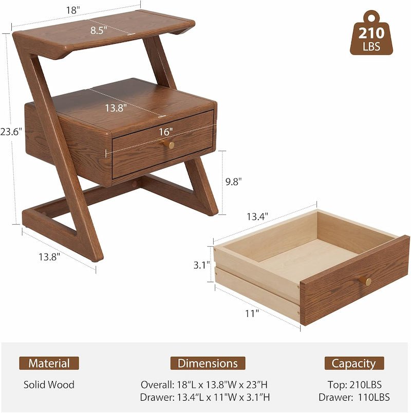 Solid Wood Z-Leg Nightstand with Drawer & Open Shelf - iKaslandi